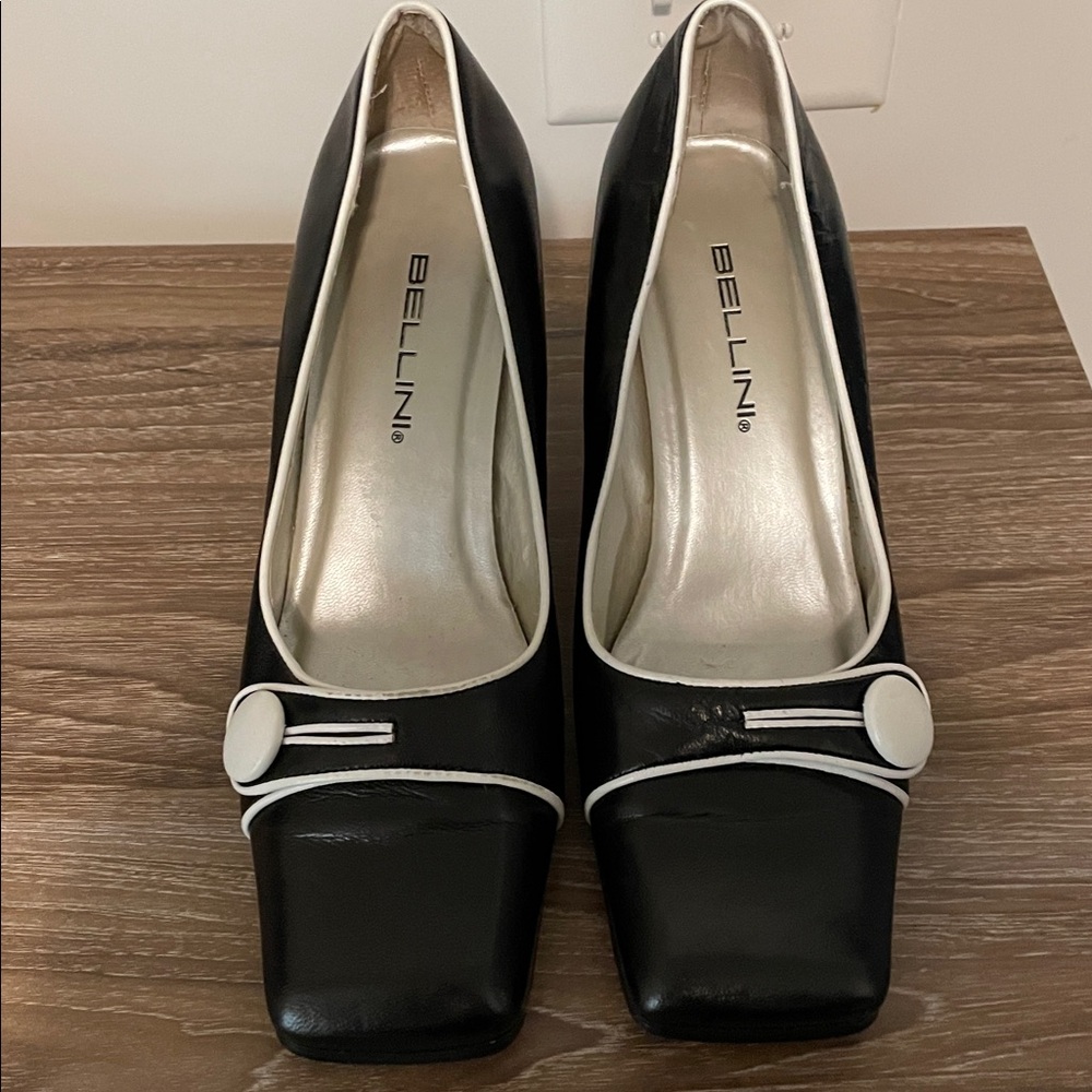 Bellini Shoes Women Size 9W Black White Trim Accents Mid-Height Heel Square Toe - Picture 2 of 10